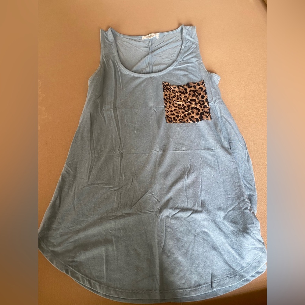 Zenana Blue Top with Leopard Accent